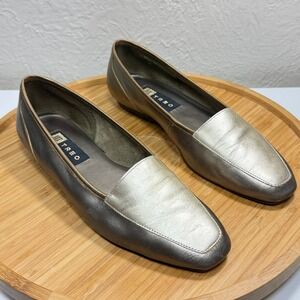 Vintage 90s Metallic Gold Leather Loafers 8 Treo Shiny Brazil Old‎ Money Career